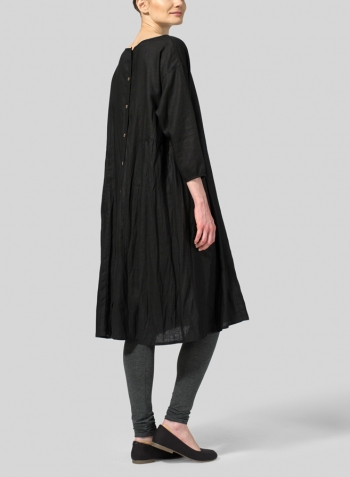 Black Linen A-Line Round Neck Dress
