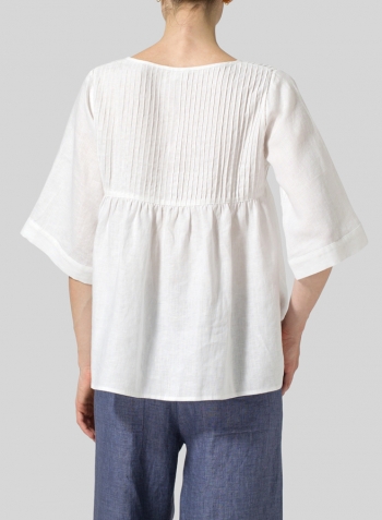 White Linen Hand-Made Pleated Bell Sleeve Blouse