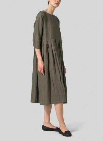 Olive Green Linen Pleated Loose Long Dress