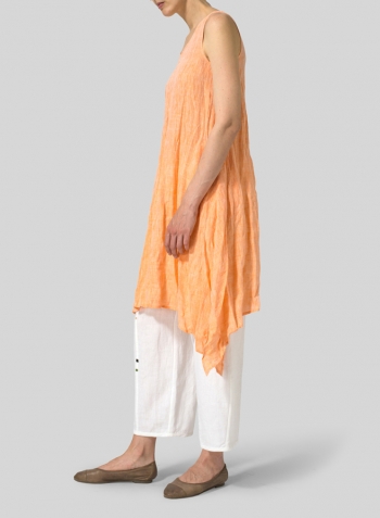 Sun Orange Linen Sleeveless Crumple Effect Long Dress