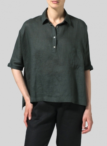 Dark Green Linen Classic Collar Short Sleeves Shirt