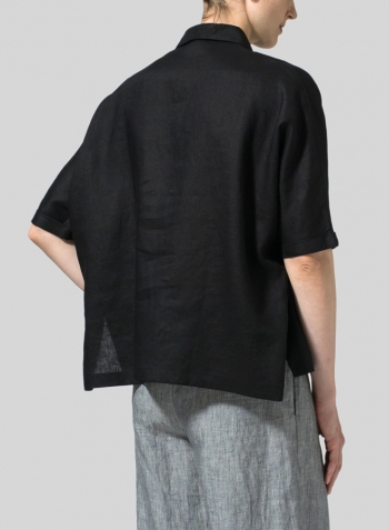 Black Linen Classic Collar Short Sleeves Shirt