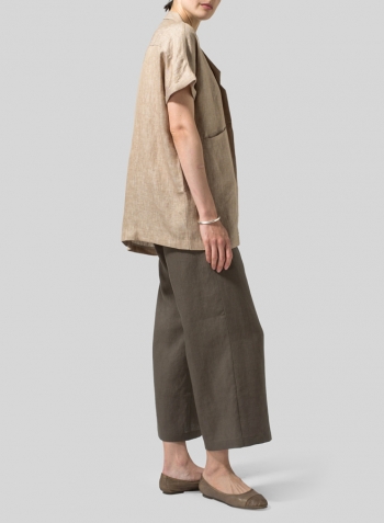 Two Tone Beige Twill Weave Linen Oversized Short Sleeve Jacket