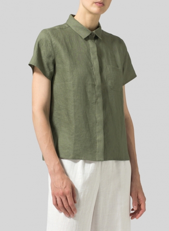 Khaki Green Linen Short Sleeve Mini-point Collar Shirt