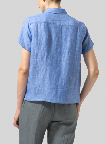 Sky Blue Linen Short Sleeve Mini-point Collar Shirt