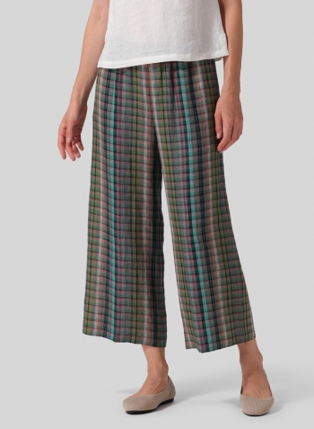 Multi Green Check Linen Straight Ankle Pants