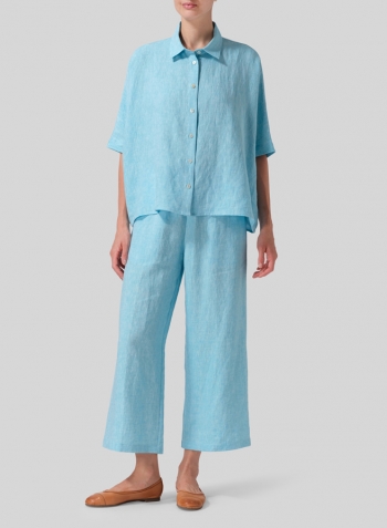Aqua Blue Linen Boxy Sleeves Shirt Set