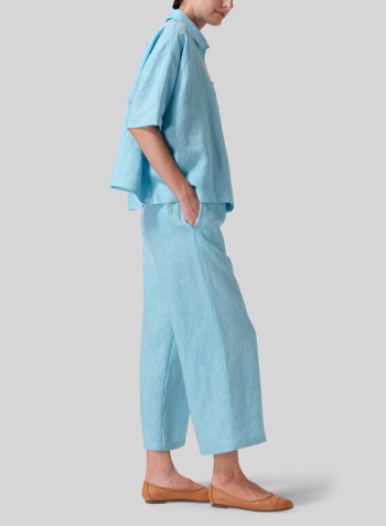Aqua Blue Linen Boxy Sleeves Shirt Set