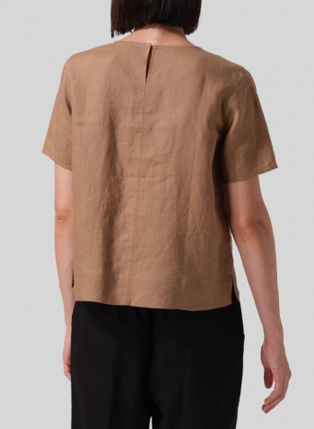 Clay Brown Linen Regular Fit V-Neck Short Top