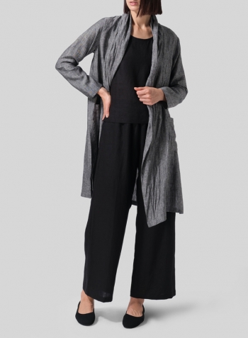 Two Tone Black Linen Open-Front Shawl Collar Jacket