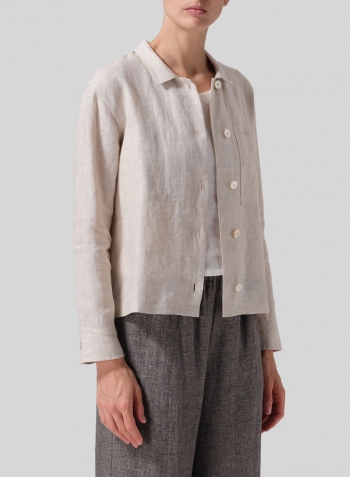 Oat Linen Cropped Shirt Jacket with Pockets
