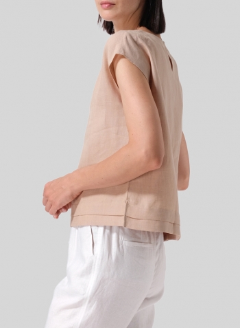Beige Linen Boxy Cap Sleeves Cropped Top