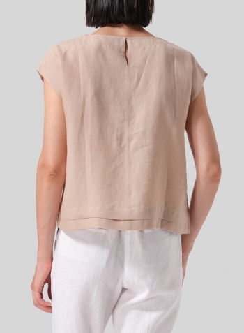 Beige Linen Boxy Cap Sleeves Cropped Top