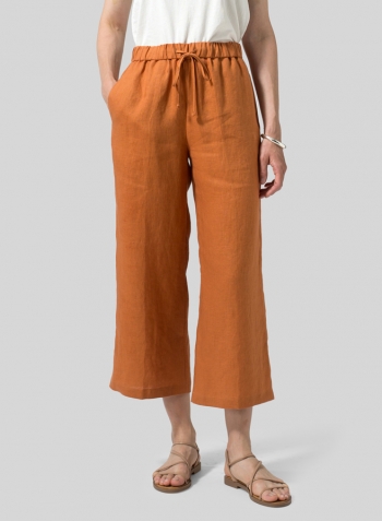 Sun Orange Linen Drawstring Cropped Pants