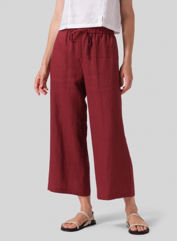 Burgundy Linen Drawstring Cropped Pants