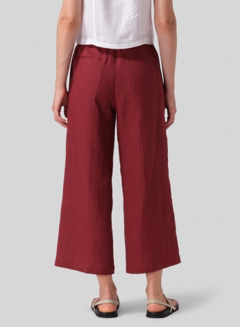 Burgundy Linen Drawstring Cropped Pants