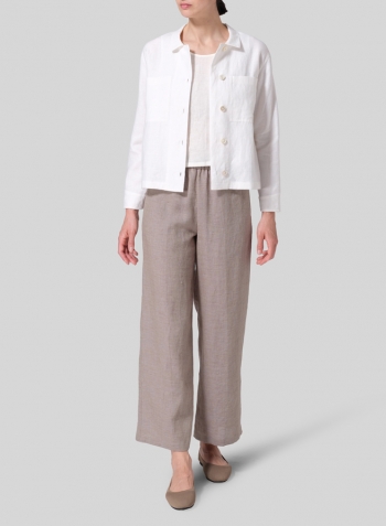 Whtie Linen Cropped Shirt Jacket with Pockets