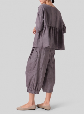 Purple Gray Linen Relaxed 3/4 Sleeve Pleated Top