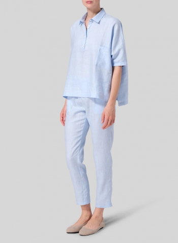 Light Blue Linen Classic Collar Short Sleeves Shirt Set