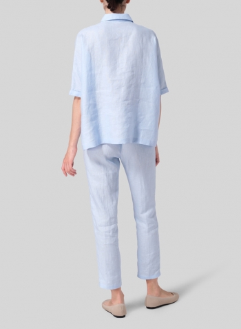 Light Blue Linen Classic Collar Short Sleeves Shirt Set