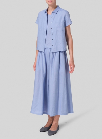Cerulean Blue Linen Short Sleeve Mini-point Collar Shirt Set