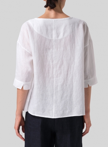 White Linen Loose Fit Elbow Sleeves Blouse