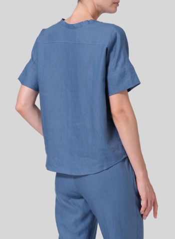 Steel Blue Linen Sloped Shoulder Wide Boxy V-neck Cropped Top Set