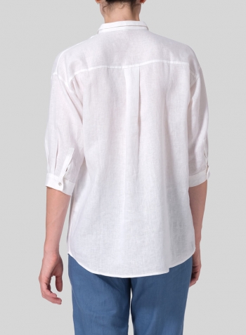 Soft White Linen Blouse With V-neck Mandarin Collar