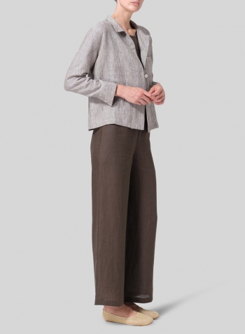 Khaki Stripe Linen Cropped Shirt Jacket with Pockets Set