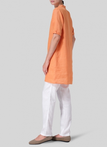 Orange Linen A-line Tunic With Double-layer Collar