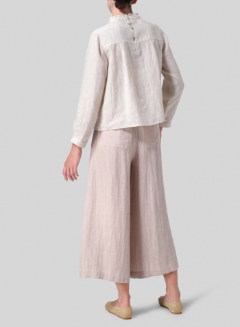Oat Linen Ruffle Stand Collar Cropped Blouse Set