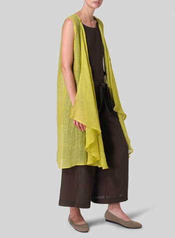Yellow  Linen Waterfall-Front Long Vest Set