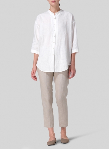 Off White Linen Mandarin Collar Drop-shoulder Long Shirt