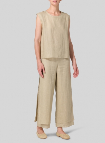 Light Khaki Linen A-Line French Sleeve Blouse Set
