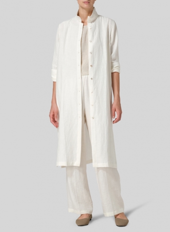 Off White Linen High Stand Collar Long Shirt Set