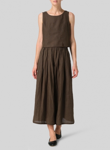 Dark Olive Brown Linen Pleated Culottes