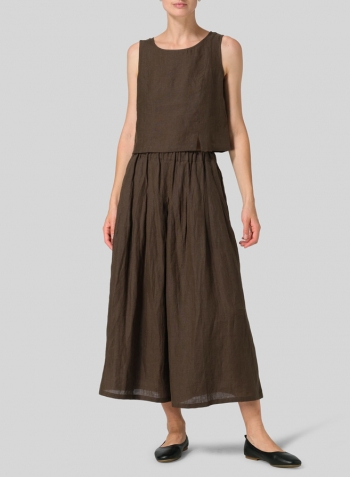 Dark Olive Brown Linen Pleated Culottes