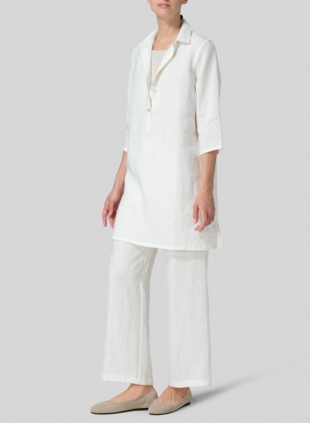 Off White Linen Straight Fit Shirt Collar Tunic