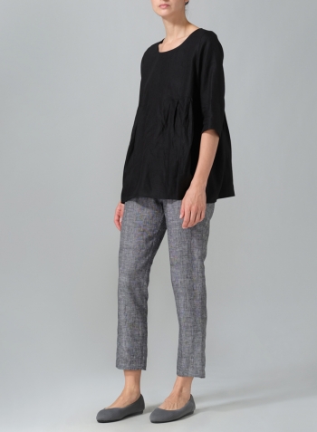 Black Linen Dropped Shoulder Pleated Box Top