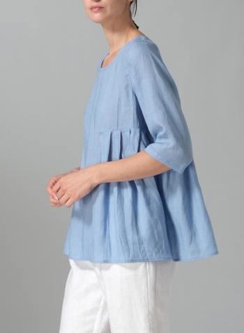 Sky Blue Linen Dropped Shoulder Pleated Box Top