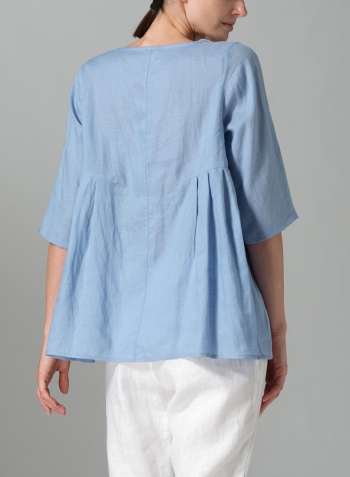 Sky Blue Linen Dropped Shoulder Pleated Box Top