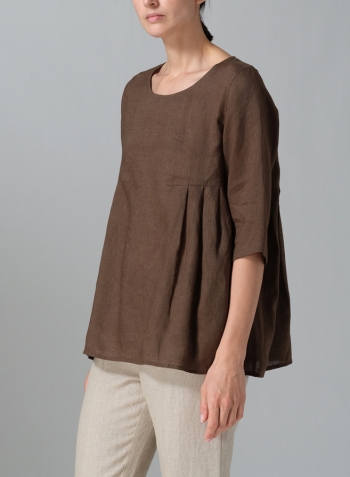 Dark Olive Linen Dropped Shoulder Pleated Box Top