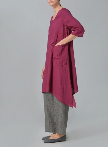 Red Violet Linen A-line Handkerchief Hem V-neck Tunic