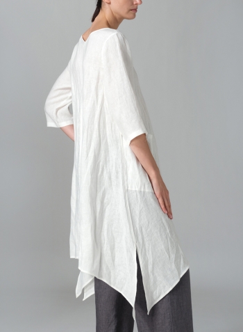 Ivory White Linen A-line Handkerchief Hem V-neck Tunic