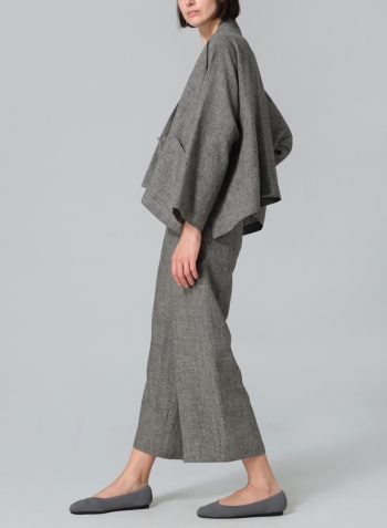 Two Tone Charcoal Linen Kimono Long Sleeve Jacket Set