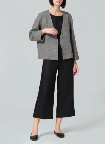 Two Tone Charcoal Linen Classic Single-Button Long Sleeves Jacket