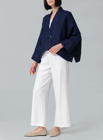 Blue Double Cloth Medium Weight Linen Kimono Long Sleeve Jacket