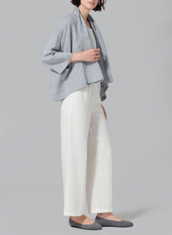 Two Tone Gray Linen Shawl Collar Open Front Cropped Jacket