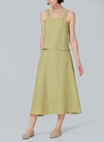 Olive Yellow Linen Pull-On A-Line Flowing Skirt