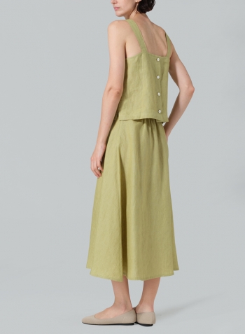 Olive Yellow Linen Pull-On A-Line Flowing Skirt